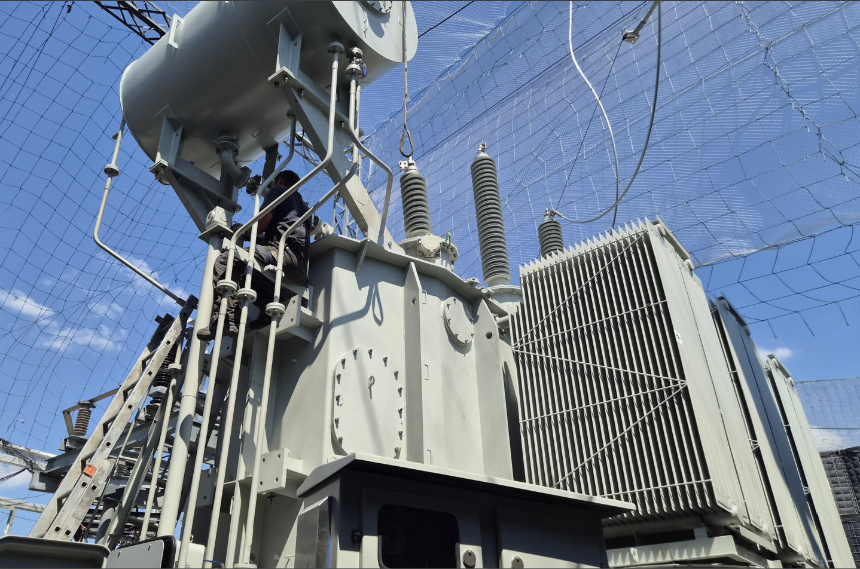 Caption:  A distribution transformer delivered through the Ukraine Energy Support Fund. Transformers like this one convert medium-voltage electricity into the low-voltage supply used by homes, hospitals, schools and small businesses. Depending on its specifications, a single unit can supply up to 500 households. The Fund has delivered thousands of transformers since the start of Russia's full-scale invasion. 